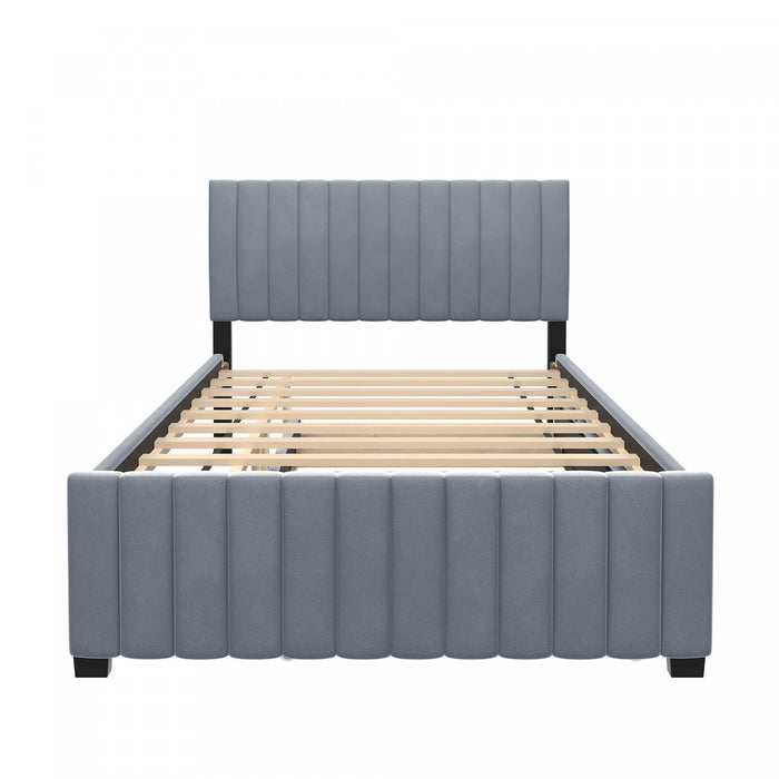 Lit plateforme Ethan rembourre en velours, gain de place, avec tiroir gigogne, taille full, gris