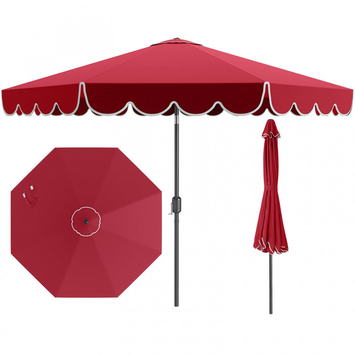 Parasol de patio Costway 10 FT avec reglage d'inclinaison a manivelle, bordures, haut ventile, 8 baleines, rouge