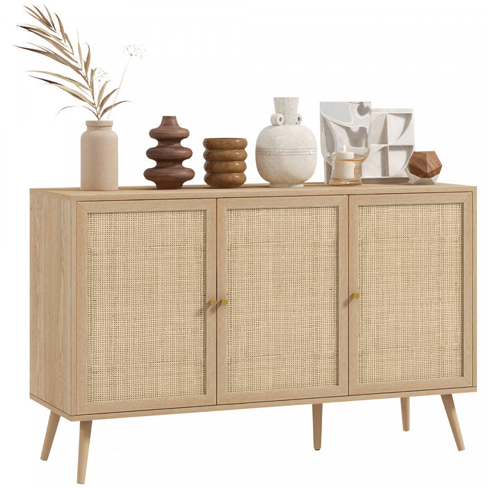 HOMCOM Buffet de cuisine avec 3 etageres portes en rotin, bois naturel