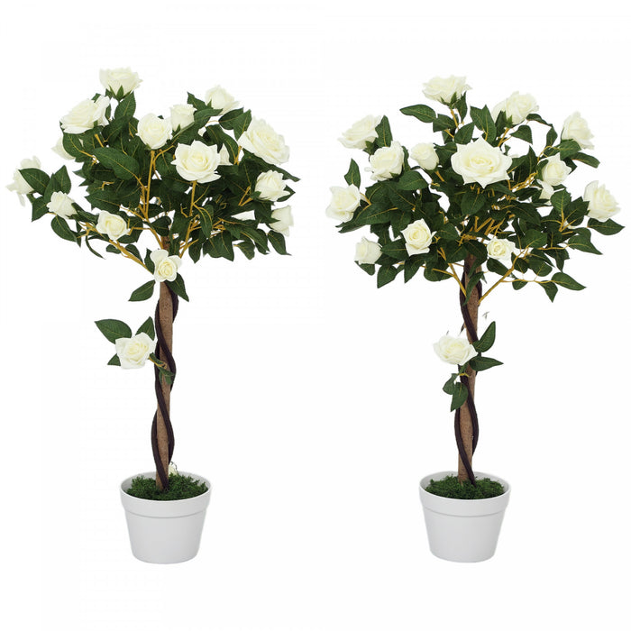 Outsunny Set de 2 Rosiers Artificiels avec Fleurs Realistes, Blanc