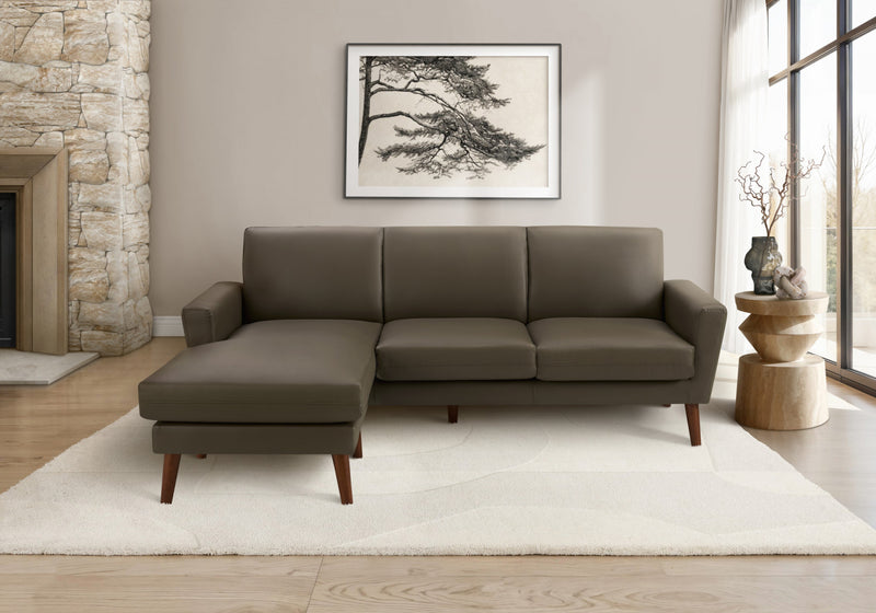 Sofa Chaise Longue Rembourre, 85\"L, Aspect Cuir Marron Fonce, Pieds En Bois Massif