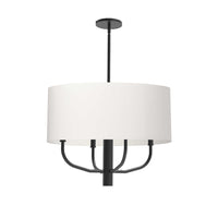 Lustre Eleanor de Dainolite avec abat-jour en tissu blanc, fini noir mat et 4 ampoules