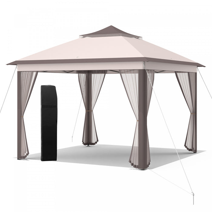 Costway 11’x11’ 2-tier Pop-up Tente Gazebo Abri A Canopy Portatif Sac De Transport Mesh Beige