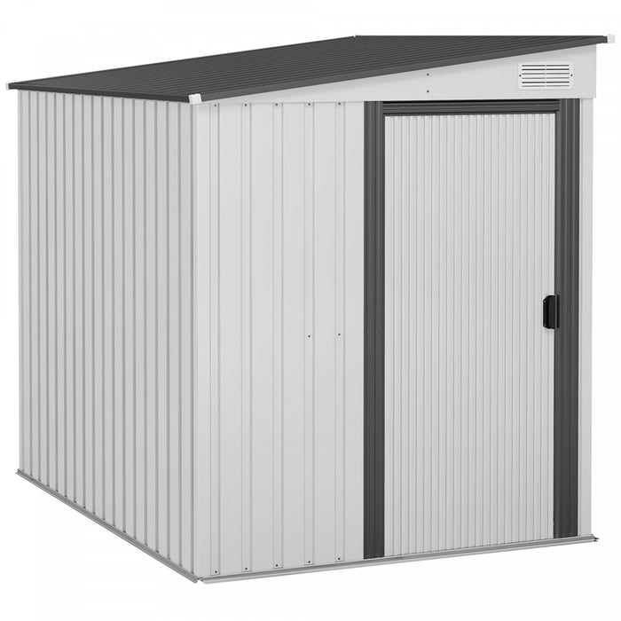 Outsunny 5 X 7ft Pencher A Remise De Stockage, Organisateur De Maison De Stockage D'outils De Jardin En Metal Avec Portes Coulissantes, Events, Crochets, Etageres Reglables, Blanc