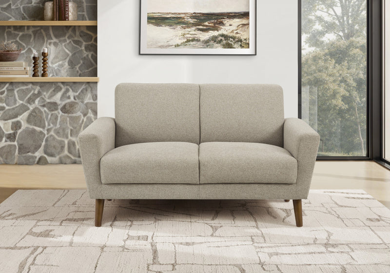 Causeuse Rembourre, 58\" L, Tissu Marron Clair, Pieds En Bois De Noyer, Mid-Century