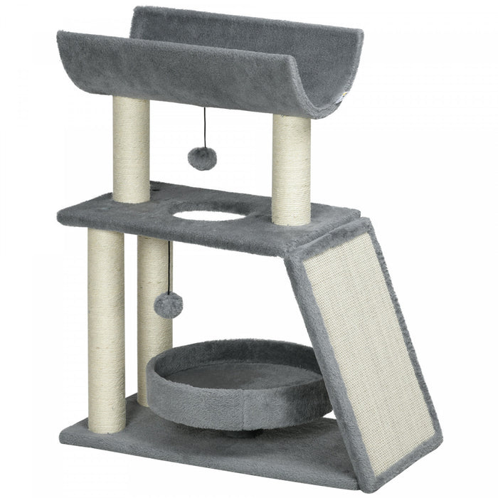 Pawhut Arbre A Chat, Petite Tour A Chat Avec Perchoir, Griffoirs En Sisal, Tapis A Gratter, Lit, Boules Suspendues, Pour Chats D'interieur, Gris Clair