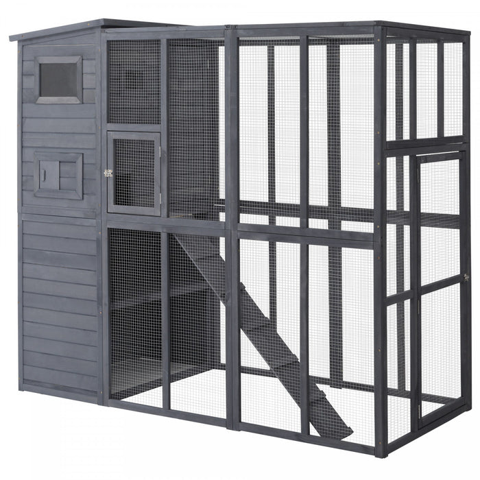 Pawhut Niche D'exterieur Pour Chat, Abri En Bois Pour Chat Sauvage Catio, Cage Pour Chat Avec Plates-formes, Toit En Asphalte De Protection Contre Les Intemperies, Rampes, 77\" L
