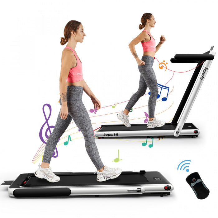 Tapis De Course Pliable 2 En 1 Superfit, Avec Haut-parleur, Telecommande Et Controle Via Application, Moteur 2,25 Hp, 2 Modes : Marche Et Course, Vitesse De 1 A 12 Km/h, Argente