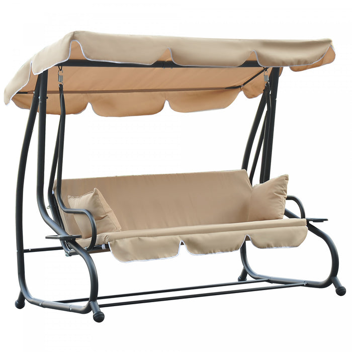 Outsunny Heavy-dunny Metal 3 Places Balancoire Exterieure Jardin Hamac Lit Avec Auvent Et 2 Oreillers Beige