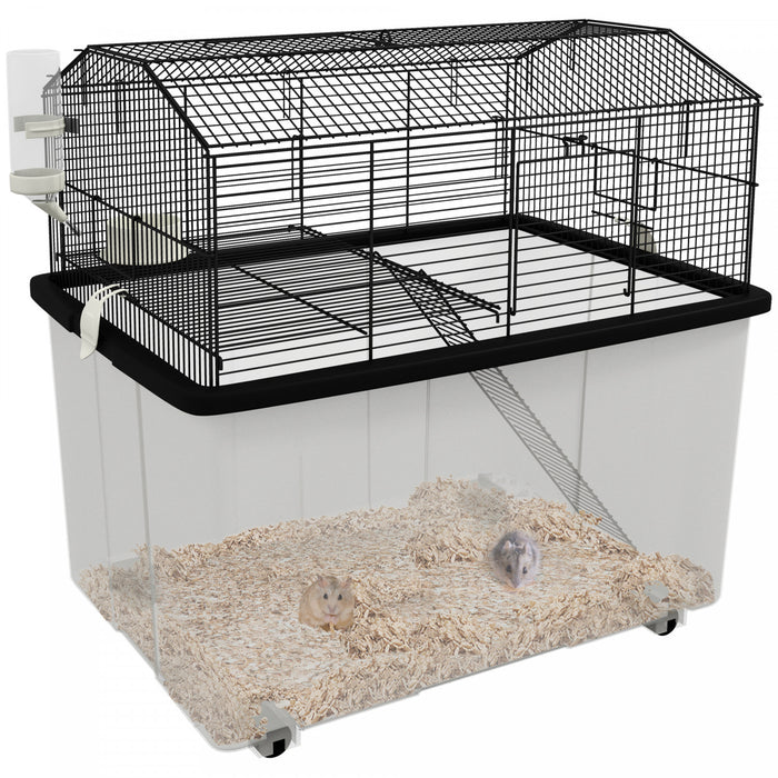 Pawhut Cage Pour Hamster Avec Accessoires, Cage A Rat, Gerbille, Habitat Pour Hamster Nain Avec Fond Amovible, Rampe, Plateforme, Bol A Nourriture, Bouteille D'eau, 22\" X 17\" X 22\", Noir