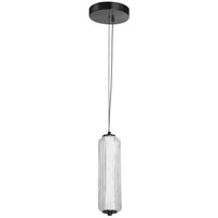 Luminaire suspendu Ramona de Dainolite en verre cannelé transparent, avec fini noir mat et ampoule à DEL de 10 W