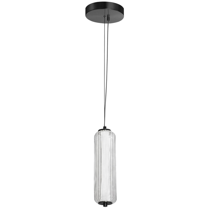 Luminaire suspendu Ramona de Dainolite en verre cannelé transparent, avec fini noir mat et ampoule à DEL de 10 W
