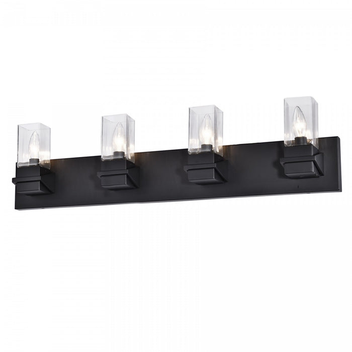 Lumière de coiffeuse Veronica de Dainolite en verre transparent, avec fini noir mat et 4 ampoules