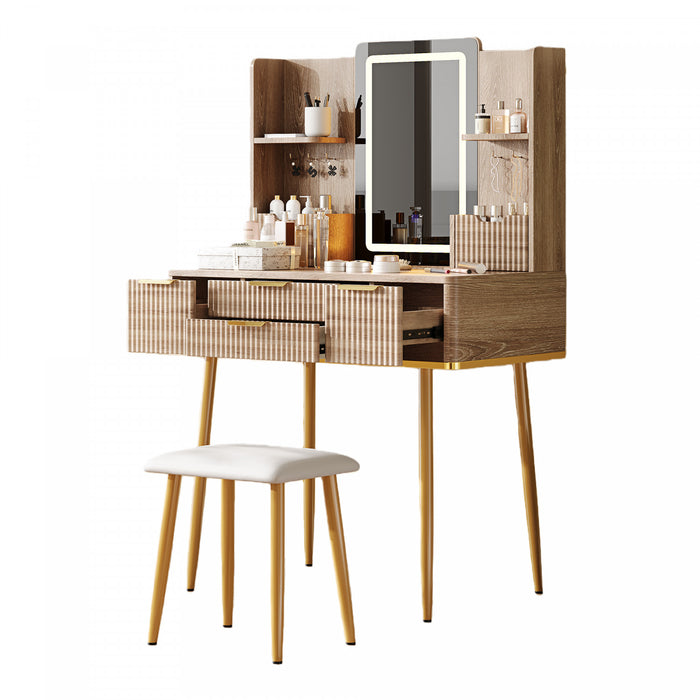 Isabella Ensemble de coiffeuse 4 tiroirs avec miroir LED et pieds en metal, Brun Jaune