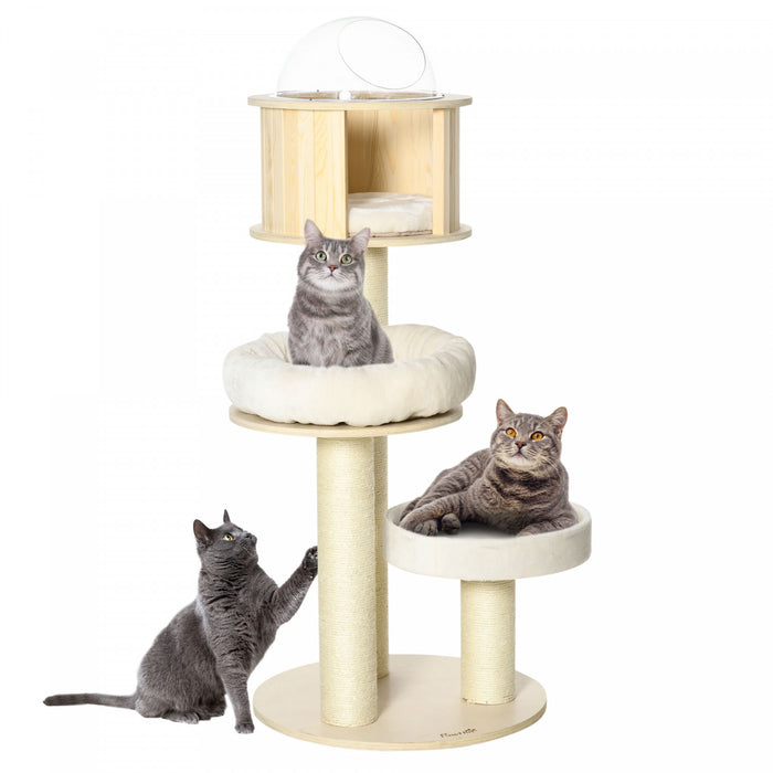 Pawhut 55 Cat Tree Kitty Centre D'activites Chat En Bois Escalade Jouet Pour Animaux De Compagnie Meubles Avec Chat Condo Coussins De Lit Sisal Griffoir, Naturel
