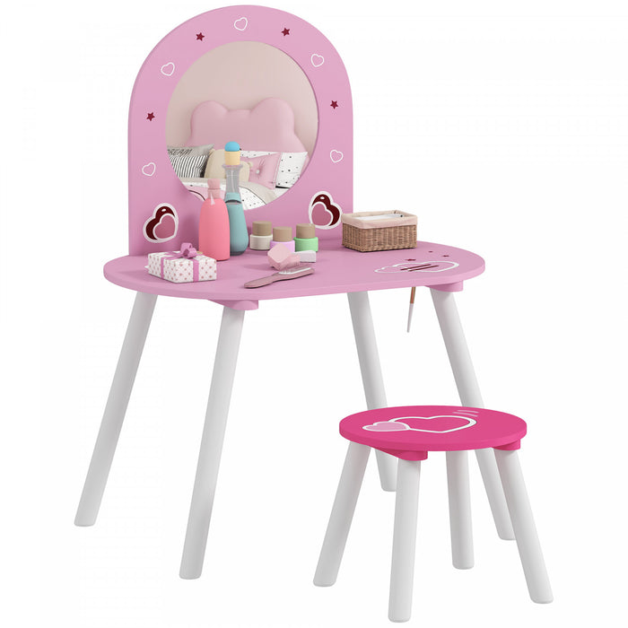 Qaba Ensemble de Coiffeuse pour Enfants avec Miroir et Tabouret, Table de Maquillage pour Petites Filles avec Motif de Cœur pour Chambre, pour les 3 a 6 Ans, Rose