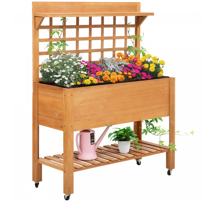Outsunny 41,25\"x15,75\"x53,25\" Jardiniere En Bois Surelevee Jardiniere Surelevee Jardiniere A Fleurs Boites A Herbes Pour Legumes Fleur Avec Etagere Et Roues En Bois Massif Exterieur/interieur
