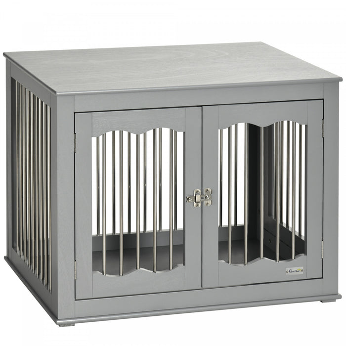 Pawhut Meuble De Niche Pour Chien, Niche Pour Chien 32\"avec Trois Portes, Serrures, Cage Pour Chien Pour Usage Interieur, Pour Chiens De Petite Et Moyenne Taille, Gris
