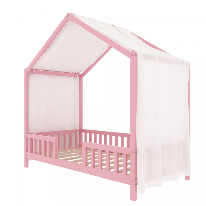 Paul Lit Montessori au sol avec baldaquin et barrieres hautes, Taille Simple, Rose