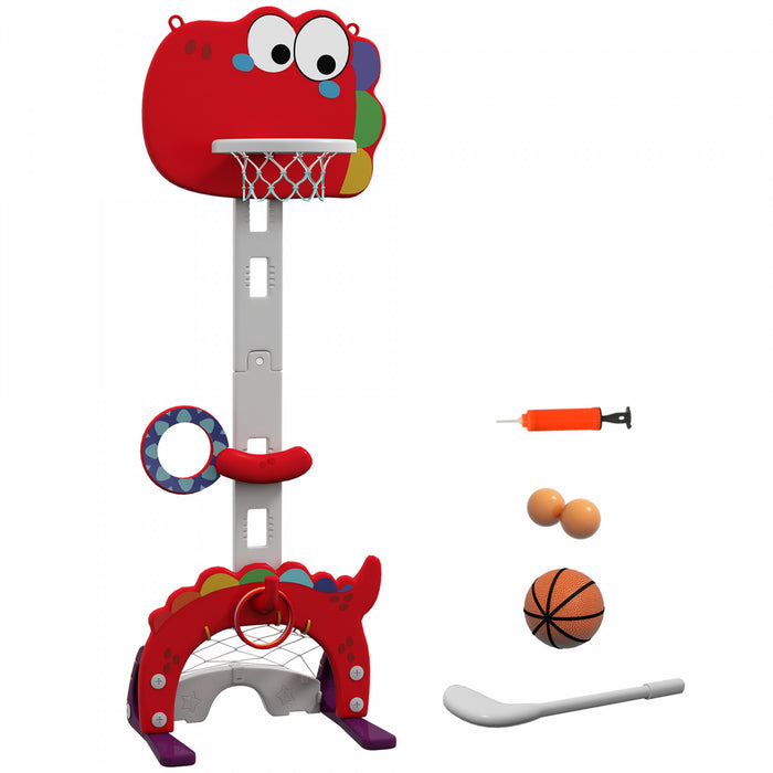 Panier de basketball Qaba 5 en 1 pour tout-petits, hauteur reglable de 1,34 a 1,52 m, avec jeux de soccer, de golf et de lancer d'anneaux. Cadeau d'anniversaire ideal pour les enfants de 3 a 6 ans (garcons et filles). Utilisation interieure. Couleur : rouge.
