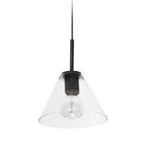Grand luminaire suspendu Roswell de Dainolite en verre transparent, avec fini noir mat et 1 ampoule