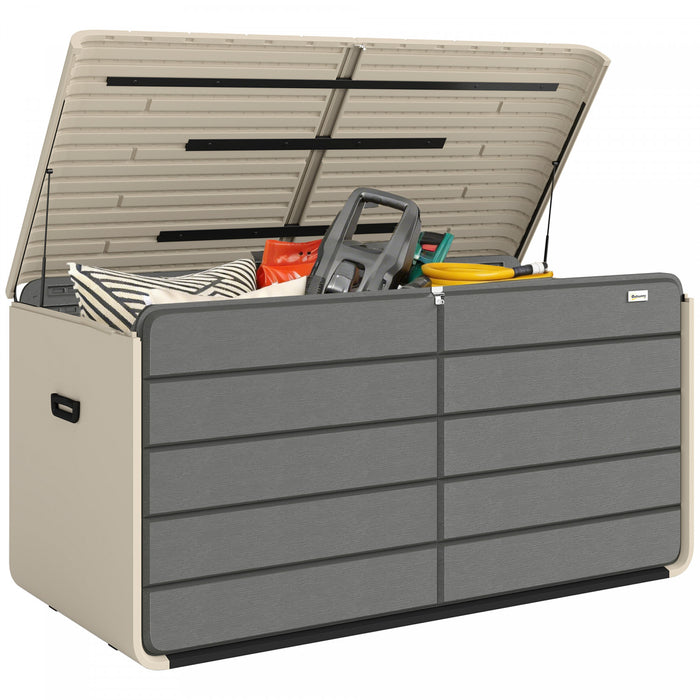 Outsunny Coffre de Rangement Exterieur 757 L avec Couvercle Verrouillable, Beige et Gris