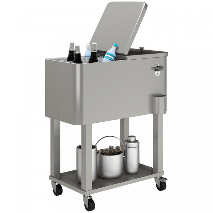 Outsunny Chariot Refrigerant 56L pour Patio, Refroidisseur Exterieur Portable, Argente
