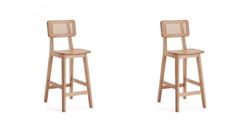 Tabouret de comptoir en bois a dossier cannage style industriel chic Versailles, naturel - Lot de 2