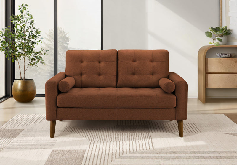 Causeuse Rembourre, 58\" L, Salon, Tissu Rouille, Pieds En Bois De Noyer, Mid Century