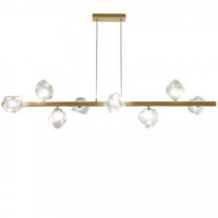 Luminaire suspendu horizontal Pearlene de Dainolite en verre transparent, avec fini laiton vieilli et 8 ampoules