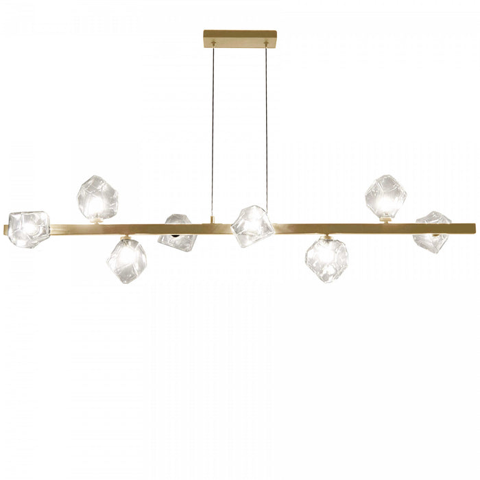 Luminaire suspendu horizontal Pearlene de Dainolite en verre transparent, avec fini laiton vieilli et 8 ampoules