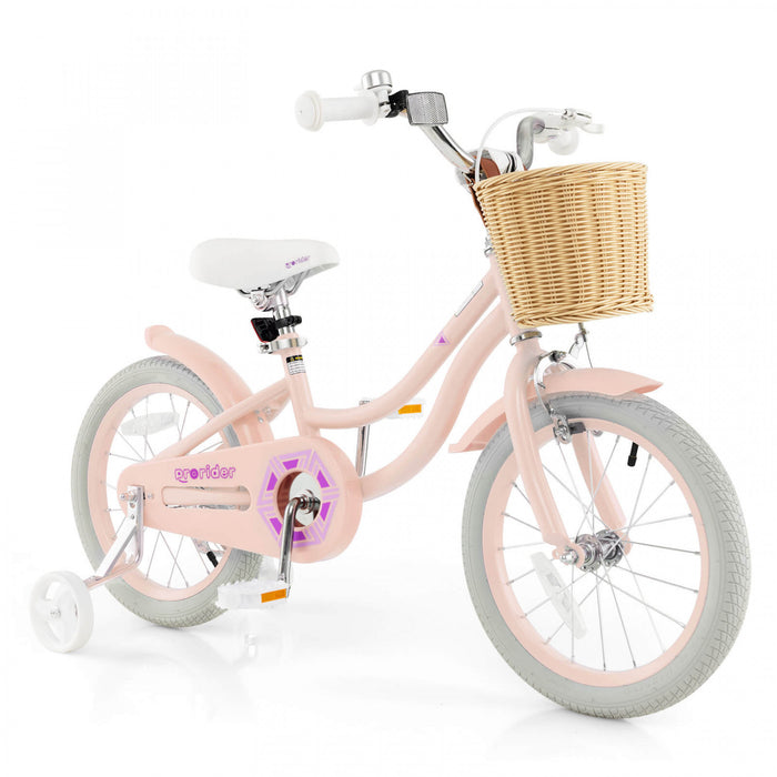 Costway 16\" Velo Enfant Avec Roues D'entrainement Reglable Guidon Siege Frein A Main Rose