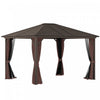 Outsunny 12x10pi Patio De Luxe A Toit Rigide En Acier, Tonnelle Jardin Abri Soleil Cadre Aluminium Robuste Pavillon Exterieur Avec Rideaux Et Filet, Marron