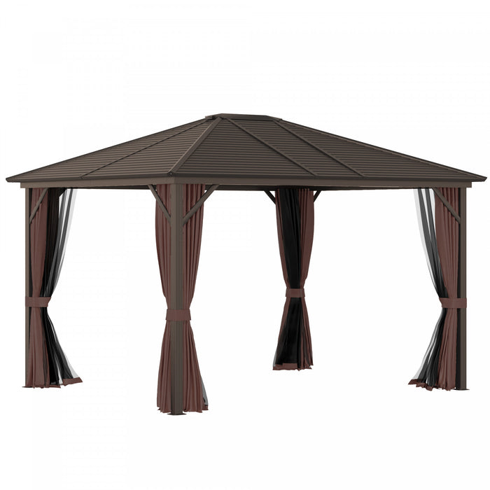 Outsunny 12x10pi Patio De Luxe A Toit Rigide En Acier, Tonnelle Jardin Abri Soleil Cadre Aluminium Robuste Pavillon Exterieur Avec Rideaux Et Filet, Marron