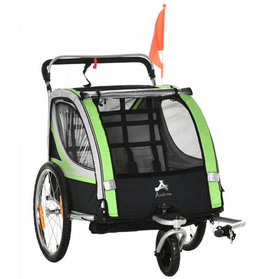 Aosom 2-in-1 Bike Trailer For Kids 2 Seater, Baby Stroller With Brake, Storage Bag, Safety Flag, Ref|Aosom Remorque Velo Enfant 2 En 1, Poussette Bebe Avec Frein, Sac De Rangement, Drapeau De Securite,