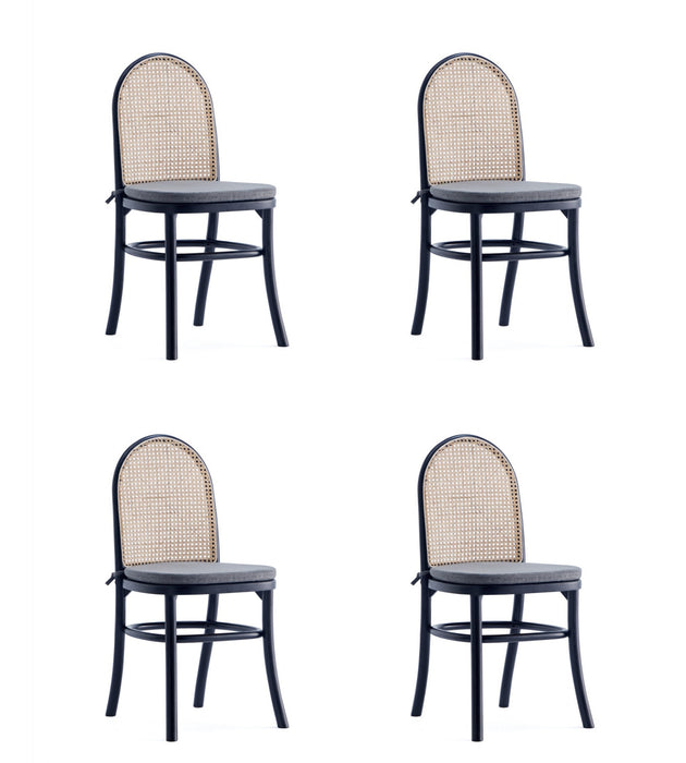Chaise de salle a manger Paragon Industry Chic avec dossier en cannage, bois et assise rembourree, noir et gris - Lot de 4