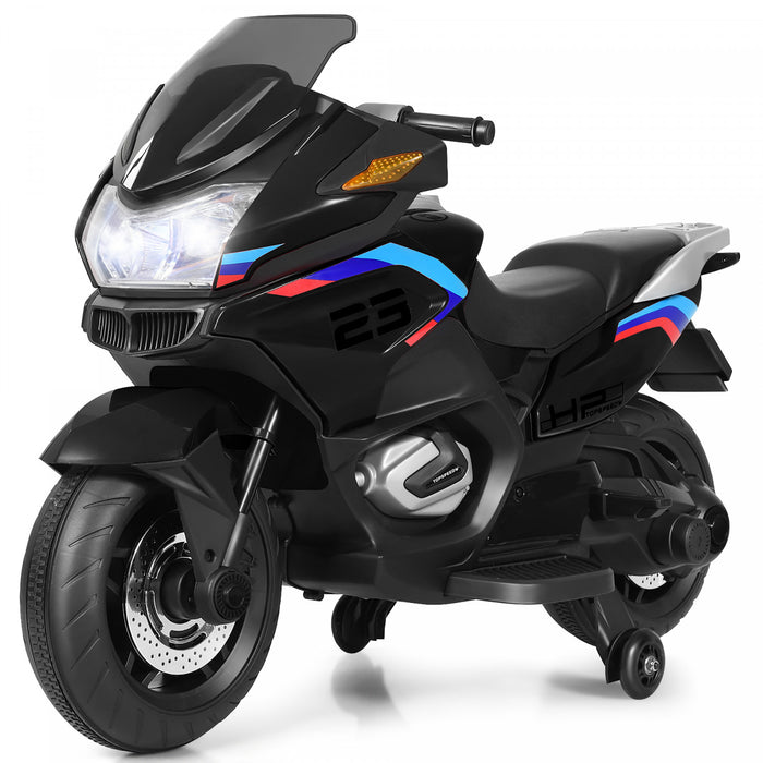 Moto Electrique 12v Pour Enfants Avec Roues D'entrainement Et Eclairage, Noir