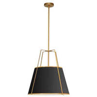 Luminaire suspendu Trapezoid de Dainolite avec abat-jour trapézoïde doré et noir qui diffuse la lumière, tissu blanc et 3 ampoules
