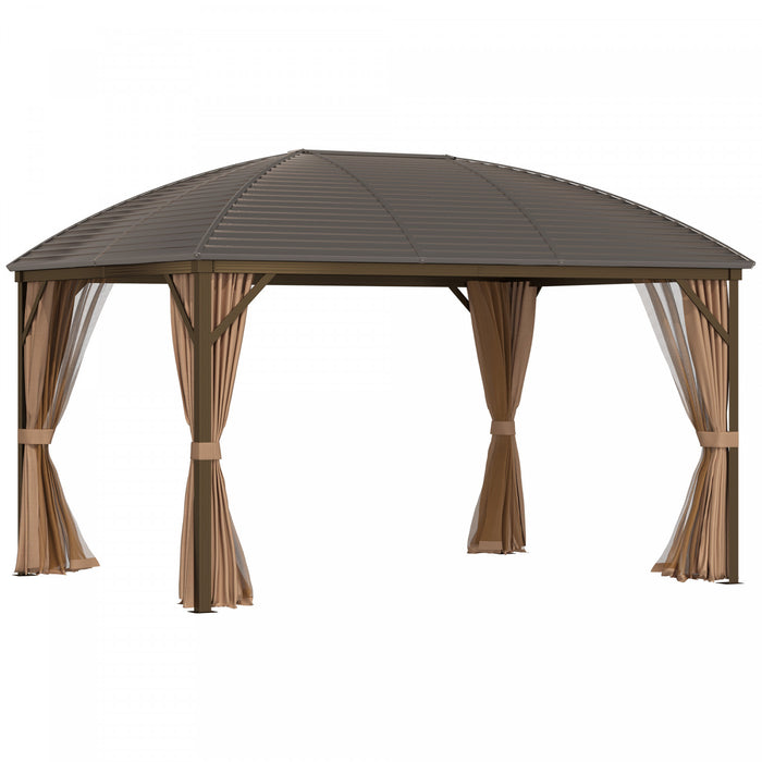 Outsunny 10' X 13' Pavillon Exterieur A Toit Rigide Avec Moustiquaires, Rideaux De Confidentialite Et Crochet De Suspension Superieur Cadre En Aluminium Pour Patio Marron