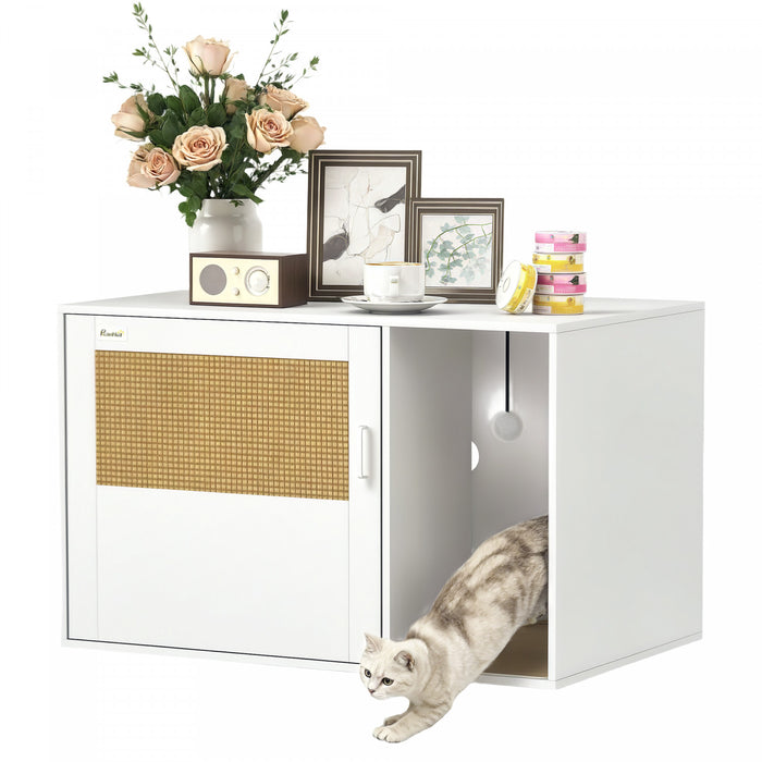 Bac A Litiere Pawhut, Meuble Dissimule Avec Porte En Rotin, Griffoir, Patins Antiderapants, Table D'appoint Pour Salle De Bain Pour Chat, 80 X 50 X 50 Cm, Blanc