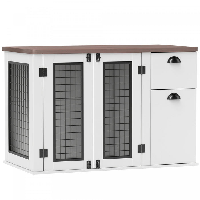 Pawhut Meubles De Cage Pour Chien De 44\" Avec Doubles Portes, Rangement, Tiroir, Cage Pour Chiens De Taille Moyenne, Blanc