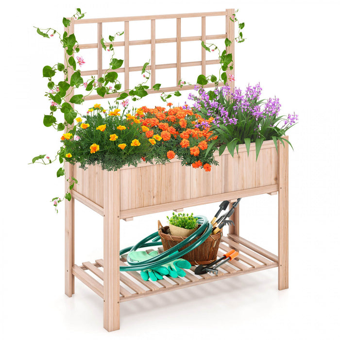 Costway Souleve Lit De Jardin Eleve Boite De Planteur En Bois W / Trellis Et Etagere De Stockage Ouverte