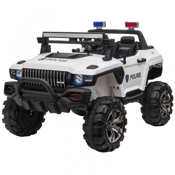 Aosom Voiture A Chevaucher 12v Rc 2 Places Camion De Police Voiture Electrique Pour Enfants Avec Lumieres Led Completes, Mp3, Telecommande Parentale (blanc)