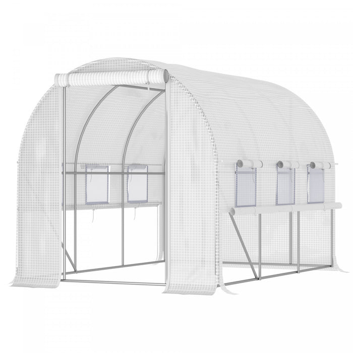 Outsunny 10' X 6.6' X 6.6' Serre De Jardin Tunnel Portes Zippees Deroulantes Fenetres Enroulables Avec Moustiquaires Blanc