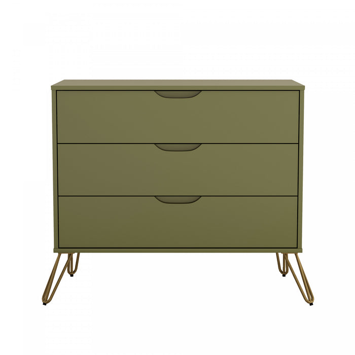 Commode Rockefeller Mid-Century Modern 89 cm en vert olive (3 tiroirs)