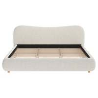 Lit plateforme Camille avec tete de lit courbee et tapisserie bouclee luxueuse, taille King, blanc