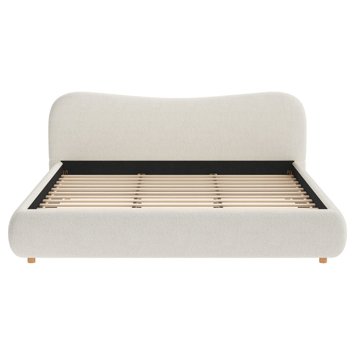 Lit plateforme Camille avec tete de lit courbee et tapisserie bouclee luxueuse, taille King, blanc
