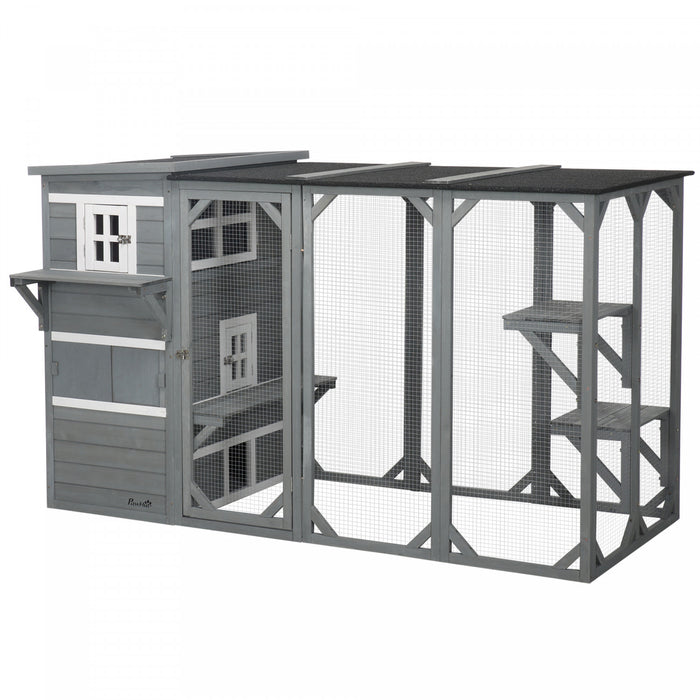 Pawhut Catio Pour Chat En Bois, 76\"l Maison De Chat En Plein Air Avec Toit En Asphalte, Plates-formes, Portes Verrouillables, Condo De Repos A 3 Niveaux, Fenetre D'observation, Pour 2-3 Chats