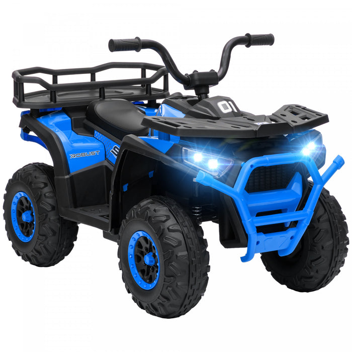 Qaba Quad, Vehicule Electrique Alimente Par Batterie 12 V Avec 4 Roues A Suspension A Ressort, Panier De Rangement, Phares Led, Musique, Pour Garcons Et Filles, Bleu
