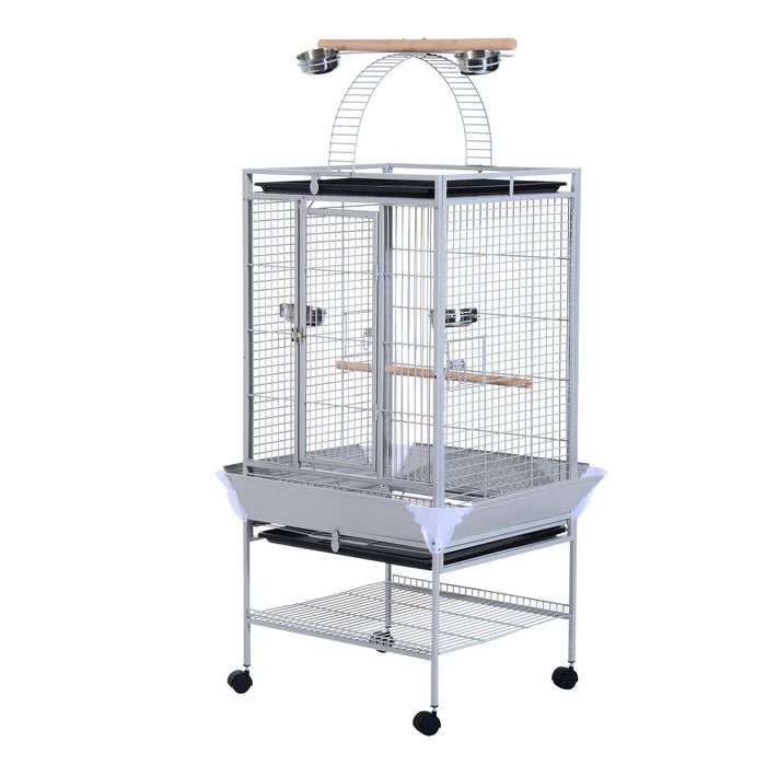 Pawhut D10-016 160 Cm Grand Support Pour Cage A Perroquet A Oiseaux Mangeoire A Pinsons Maison Perchoir Avec Bol Et Roues Argente